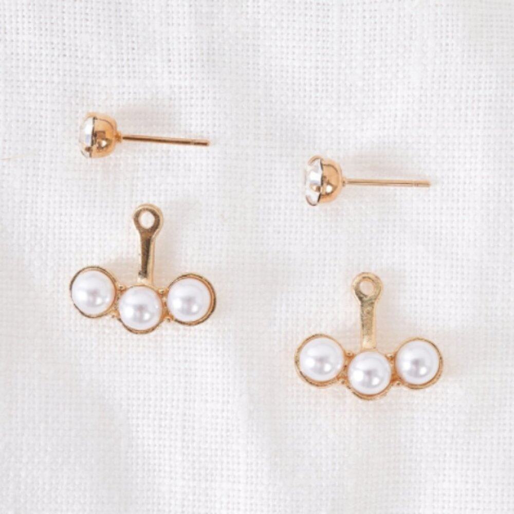 Front Back Gold Tripple Pearl Faux Diamond Stud Earrings - Picture 3 of 8
